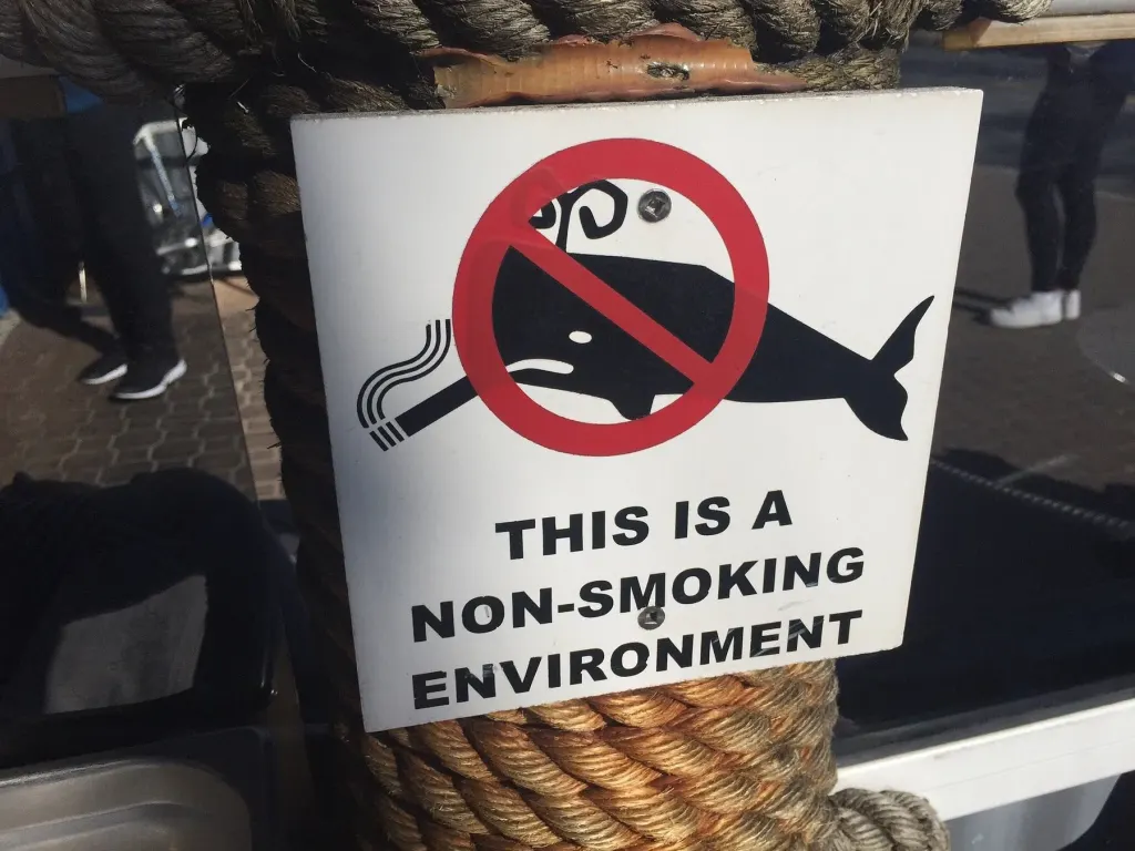 A sign on a rope-wrapped patio post showing a whale with a cigarette inside a red no-smoking circle, with the words This is a non-smoking environment.