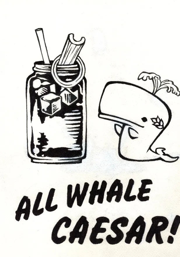 An illustration of a Caesar in a jar beside a cartoon whale, captioned All Whale Caesar!