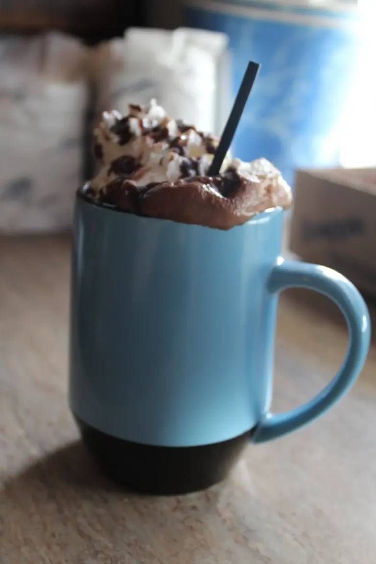 A blue mug topped with whipped cream and a chocolate drizzle.