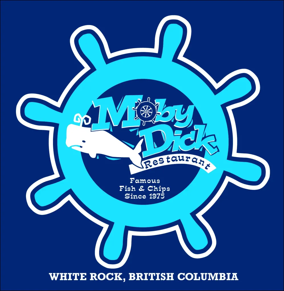 The Moby Dick logo inside a ship's wheel, reading Famous Fish & Chips Since 1975, White Rock, British Columbia.
