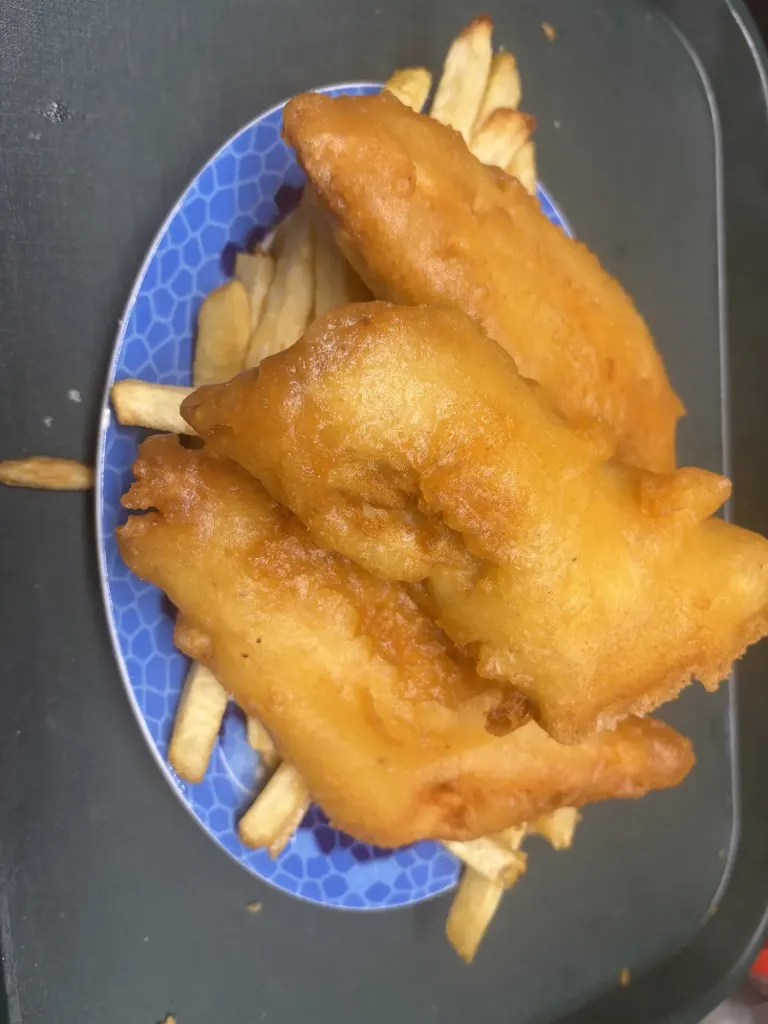 Battered fish on golden fries on a blue patterned plate, seen from above.