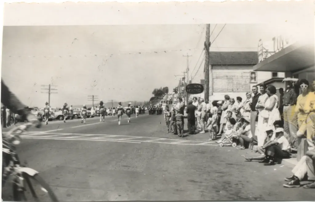 Spectators along the street watching marchers in a parade.
