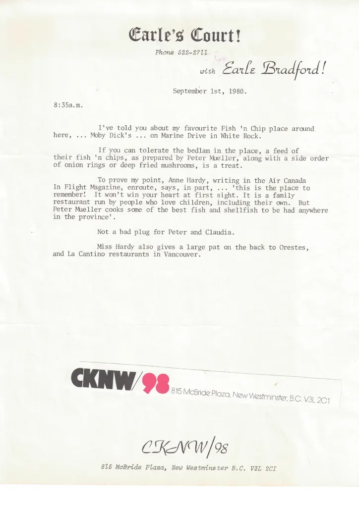 A typed radio script on Earle's Court letterhead, dated September 1, 1980, praising Moby Dick's fish and chips.