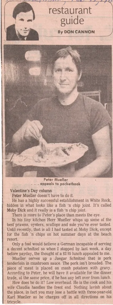 A newspaper column with a photograph of Peter Mueller holding a plate, headed Restaurant Guide by Don Cannon.