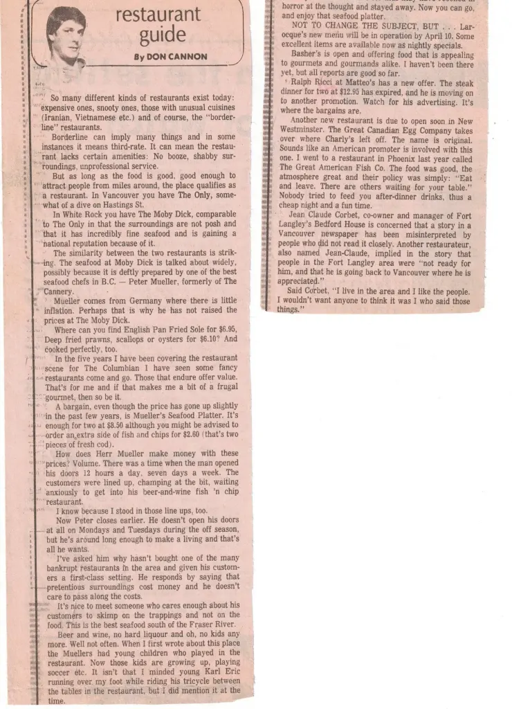A newspaper column by Don Cannon calling Moby Dick the best seafood south of the Fraser River.