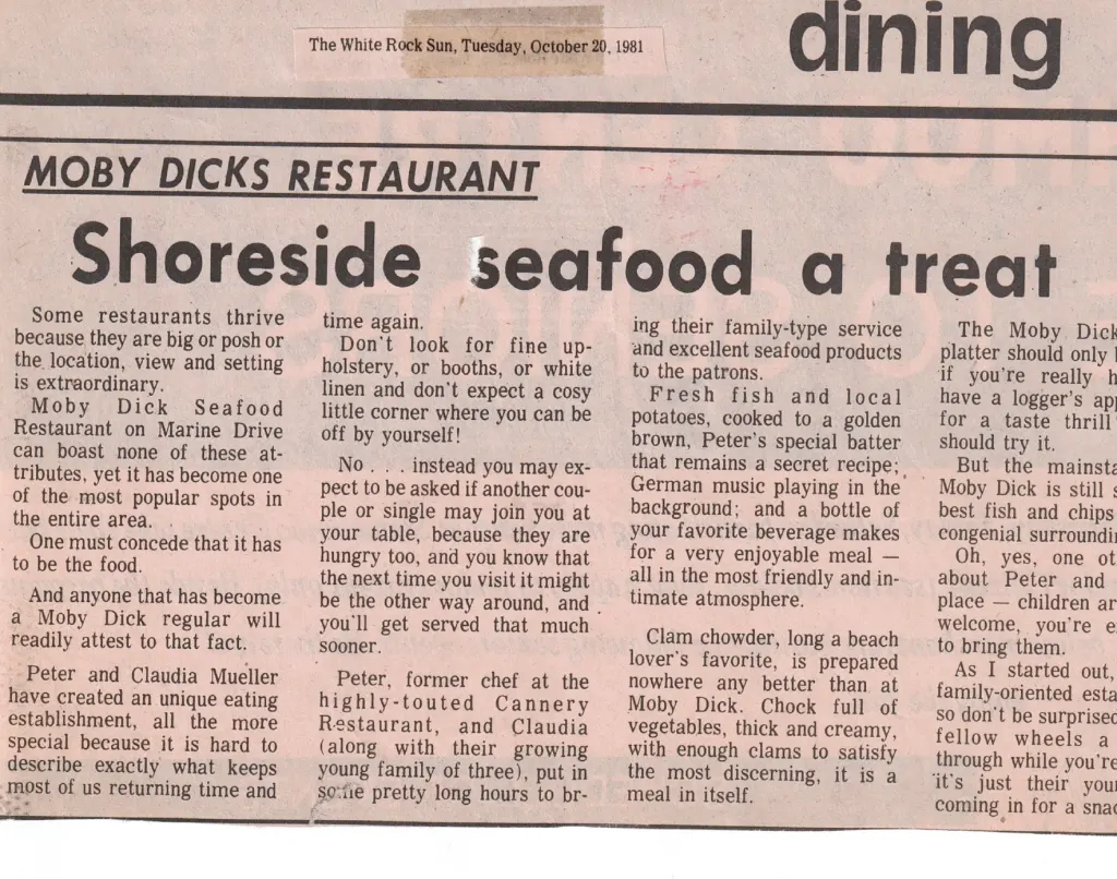 A newspaper review headed Moby Dicks Restaurant: Shoreside seafood a treat.